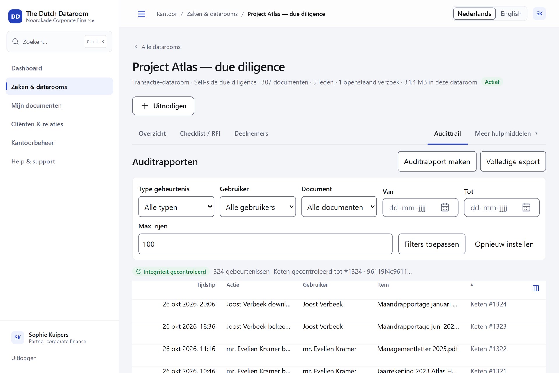 Echt appscherm: het audit-log met gecontroleerde hashketen