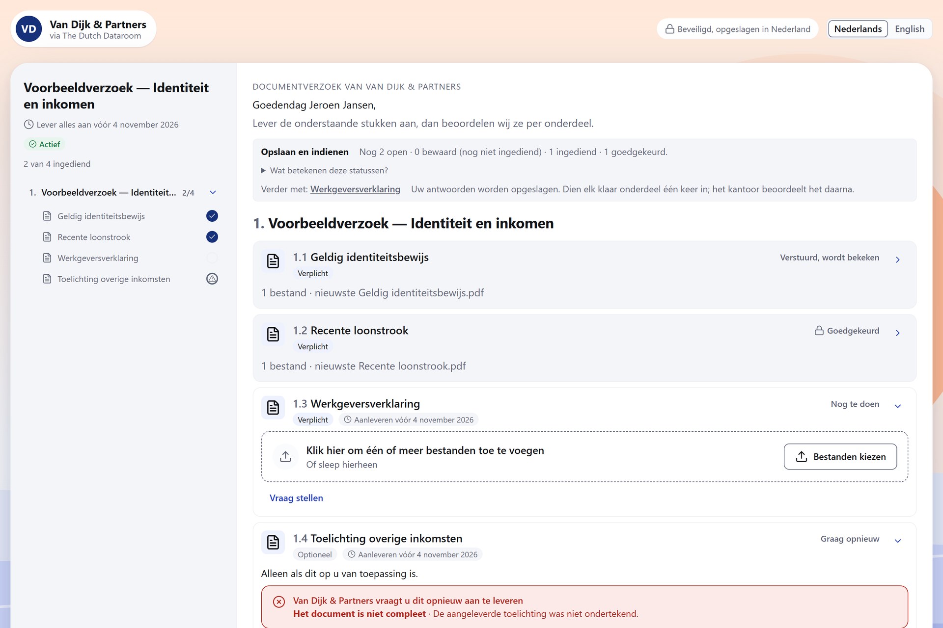 Werkelijk cliëntportaal met gevraagde documenten, voortgang en beoordelingsstatussen